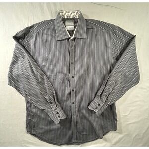 Thomas Dean Button Front Gray Striped Shirt Men's 16 1/2 R Broken Button Sleeve